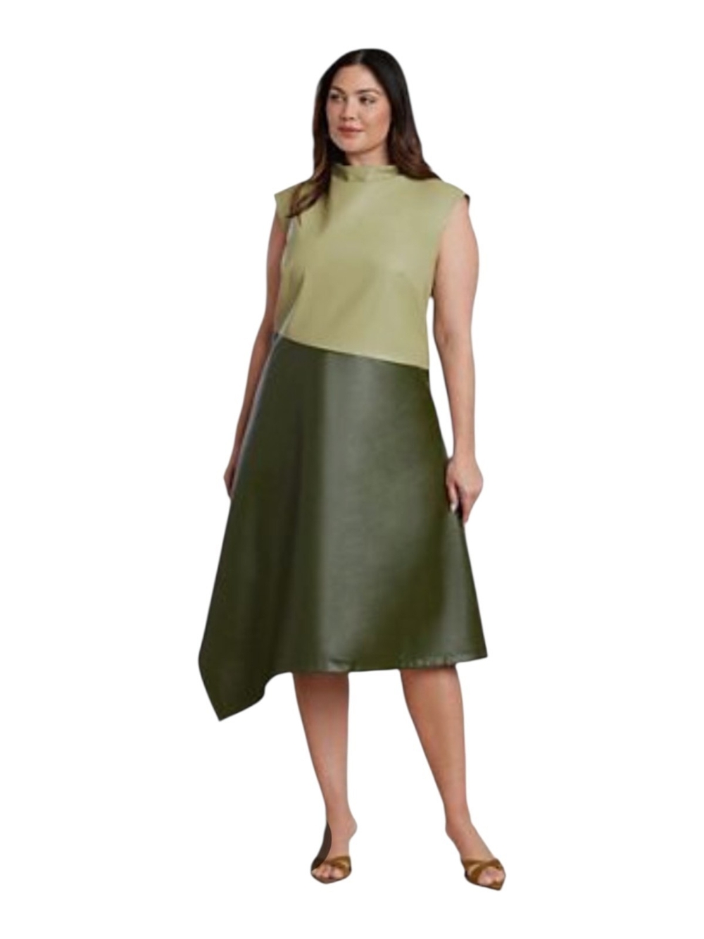 Eloquii Two-Tone Olive Green Faux Leather Sleeveless A-Line Dress